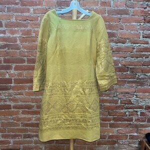 Vintage Mexican/Boho yellow and gold cotton long-sleeved shift dress 34" waist